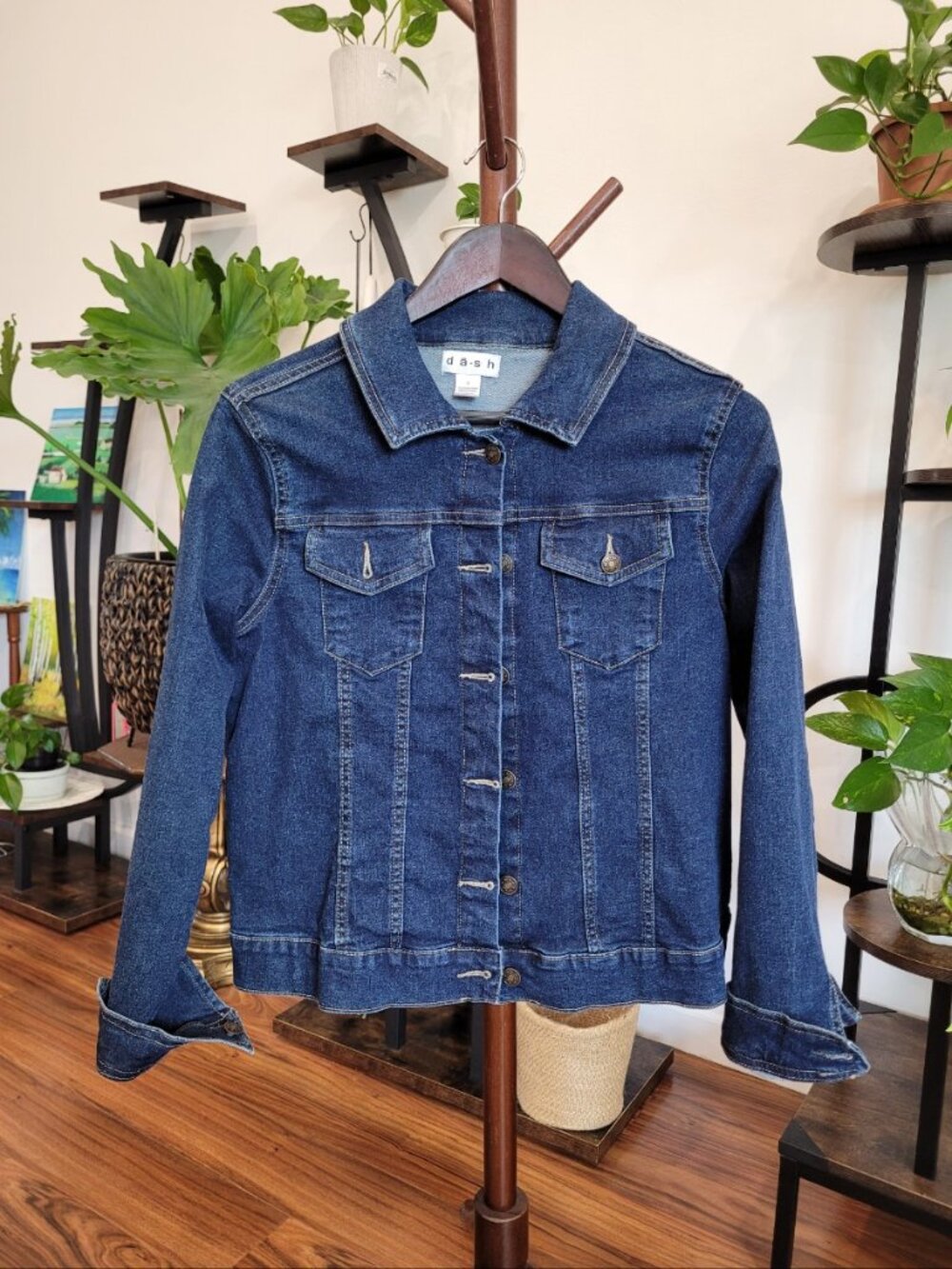 dash Womens Classic Dark Blue Denim Jean Jacket Button Front Trucker Coat Size S